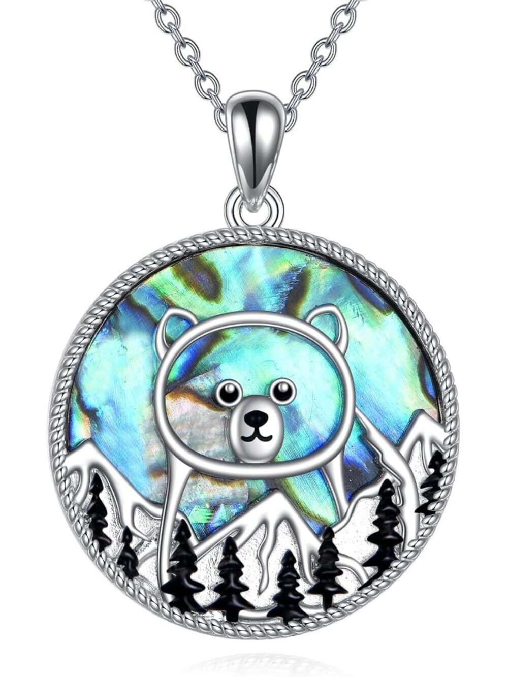 Women's Blue Silver Bear  Mountain And Sea Wave Natural Item Jewelry Necklace